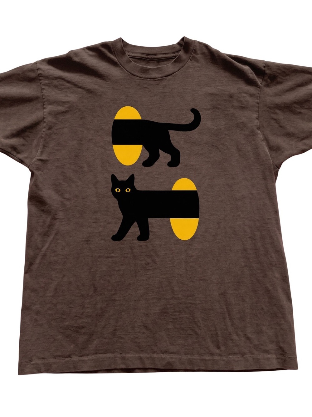 Brown Short Sleeve Tee with Black Cat Graphic and Yellow Accents, Gift For Her